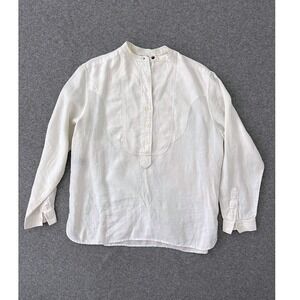 Lauren Ralph Lauren Linen Tuxedo Shirt 10 White Bib Front Banded Collar Breezy